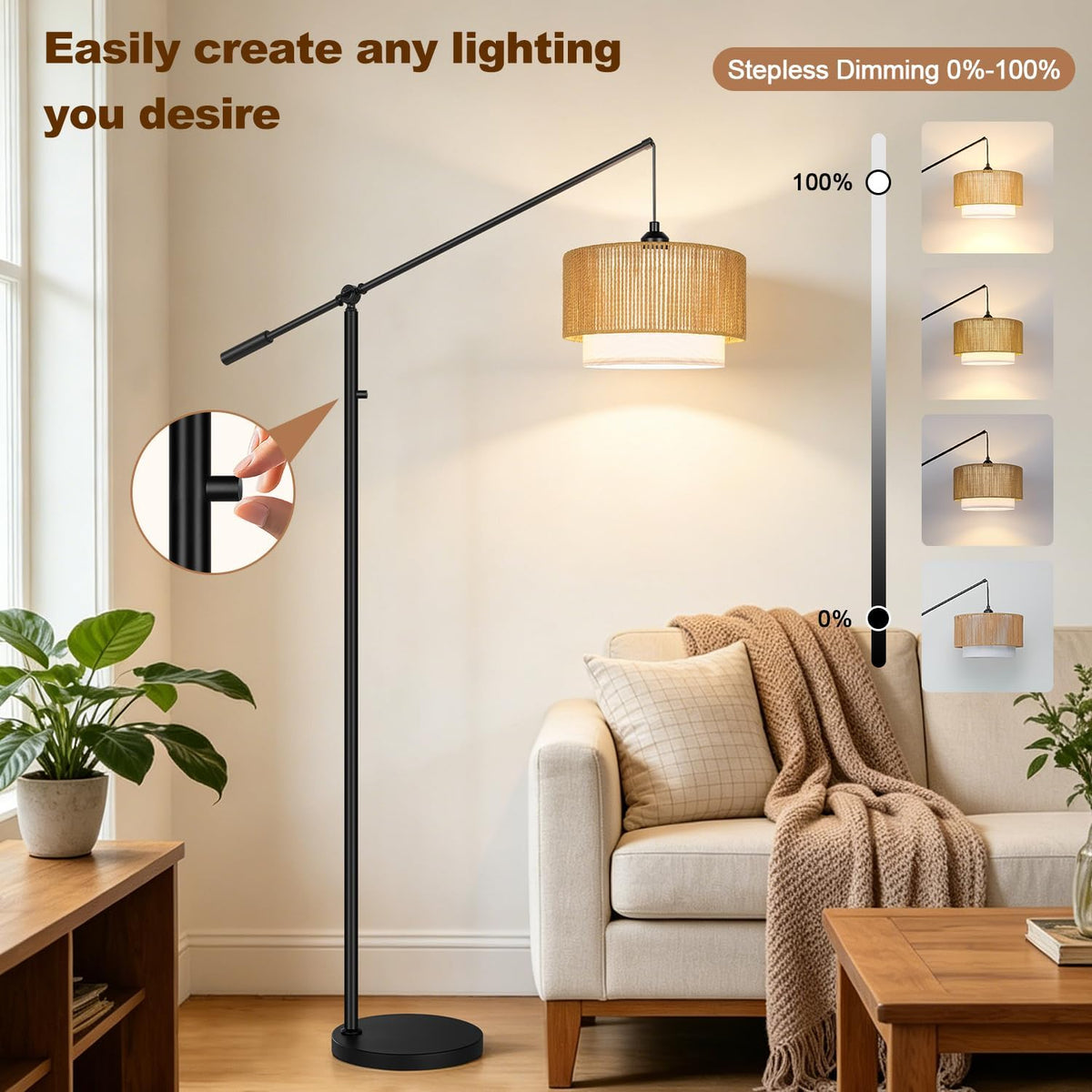 【Upgraded】Boho Dimmable Floor Lamps with Adjustable Swing Arm, 1100 Lumens Bu...
