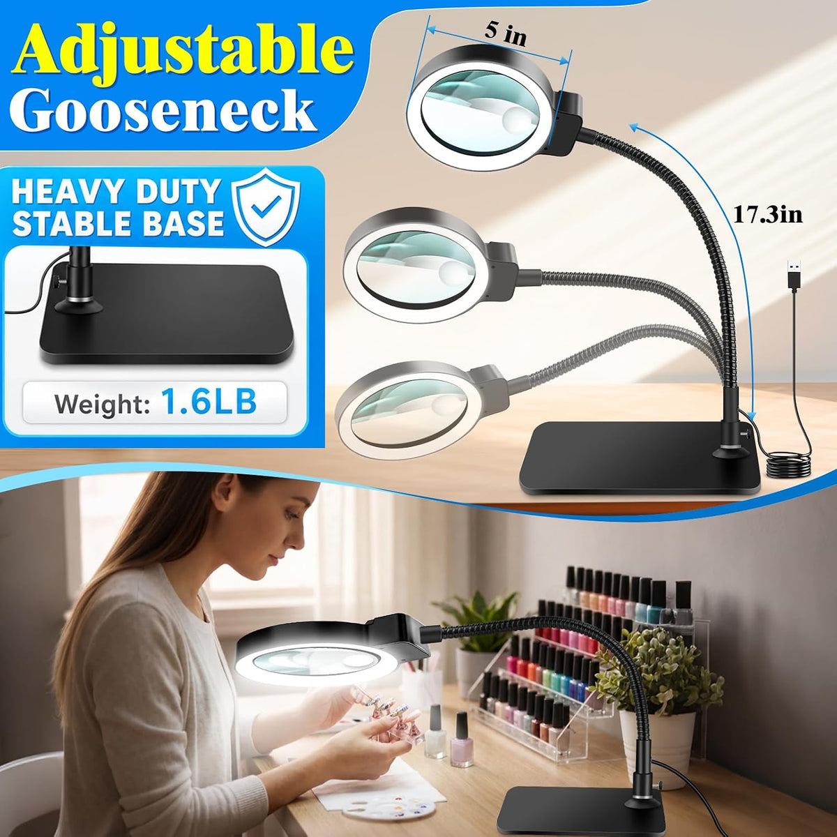 30X 12X Magnifying Glass with Light and Stand, 5-Inch Optical Grade HD Lens