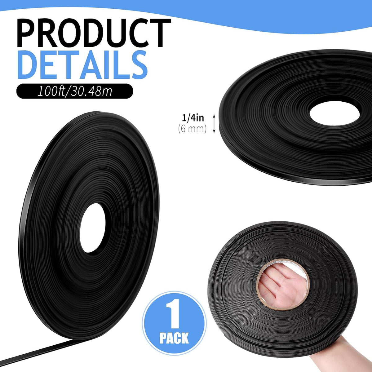 Tellegloww Black Magnetic Tape Roll Thin Strips, 1/4 Inch X 100 Feet, 1 Pcs