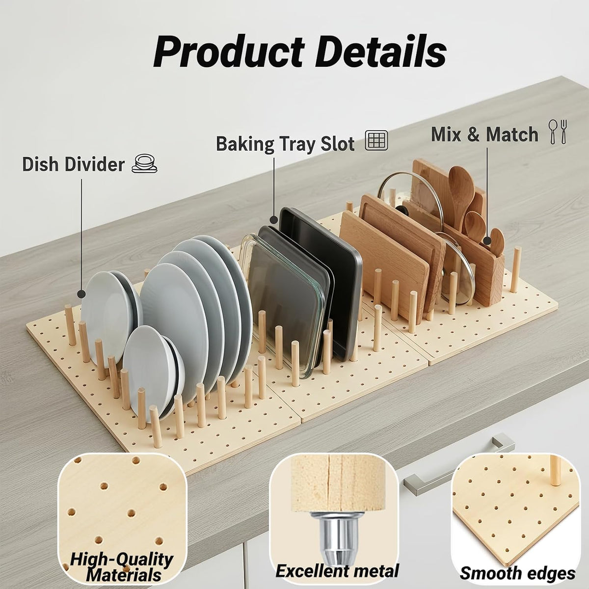 Wooden Pegboard Drawer Organizer for Kitchen - 3 Pack Adjustable Drawer Organ...