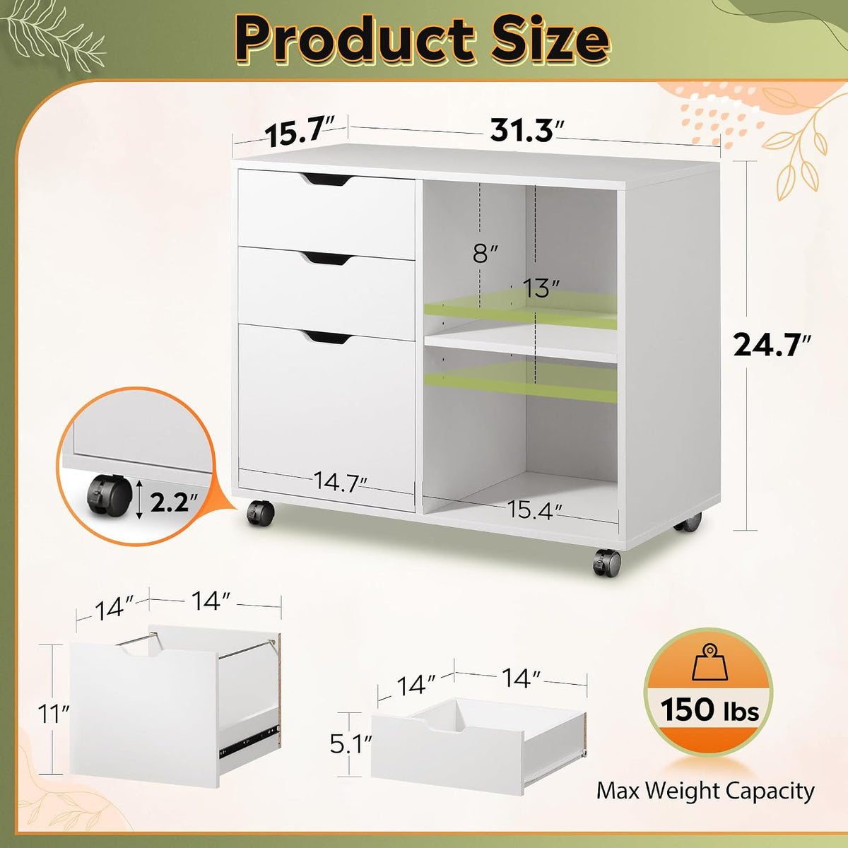 DEVAISE 3 Drawer File Cabinet, Lateral Filing Cabinet White