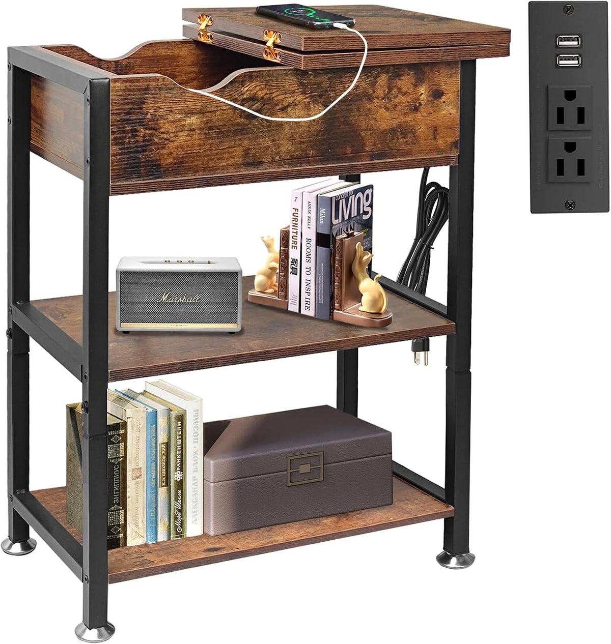Flip Top End Table with Hidden Charging Station, 12" D x 21" W x 26...