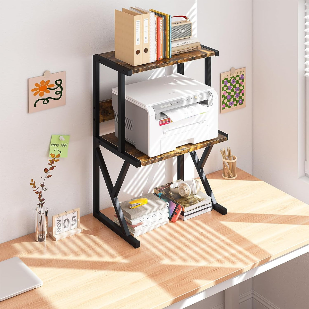 aboxoo Printer Stand for Desk to Save Space, Metal+Wood for Home Office