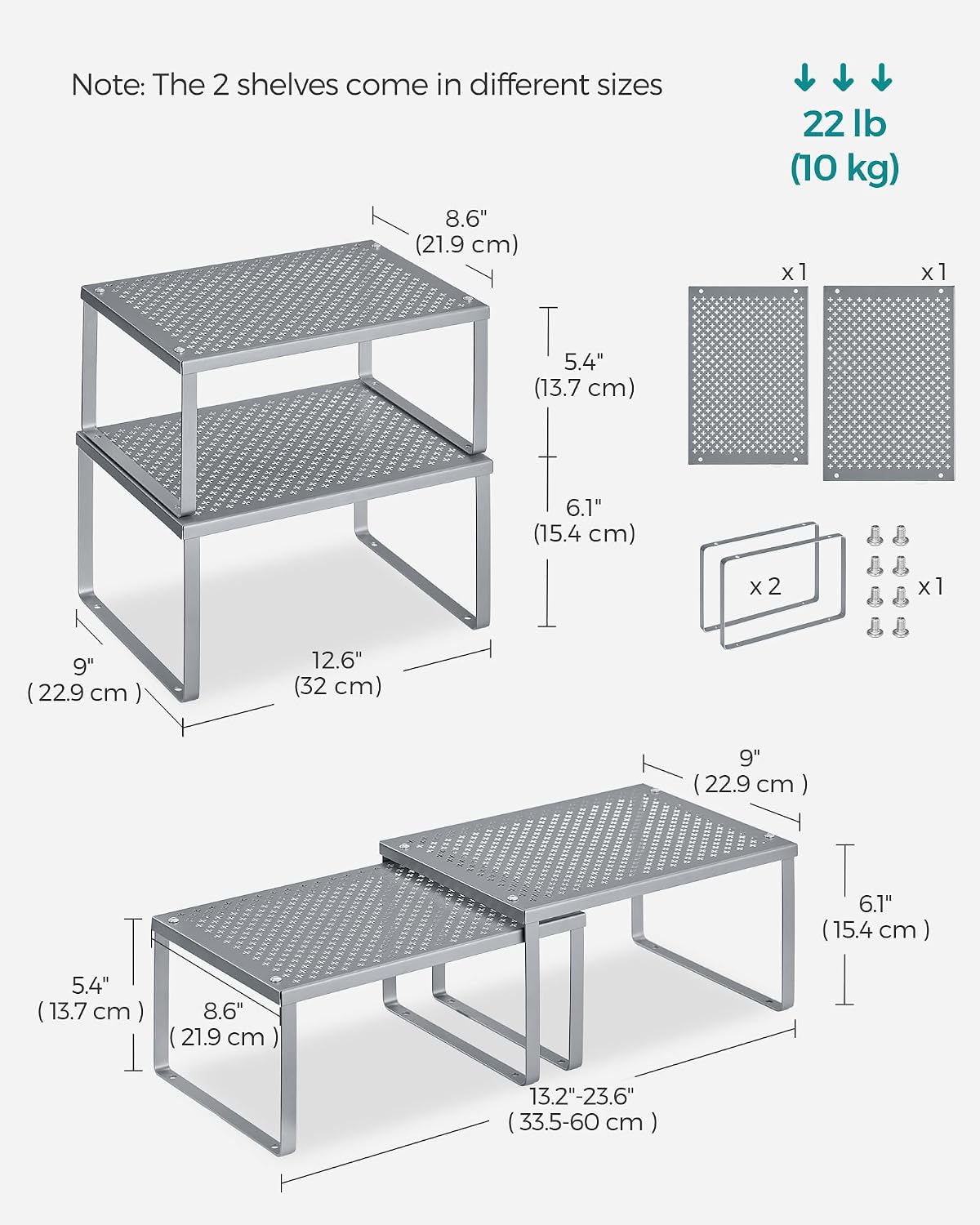 SONGMICS Set of 4 Metal Spice Racks, Stackable Expandable Shelf Risers
