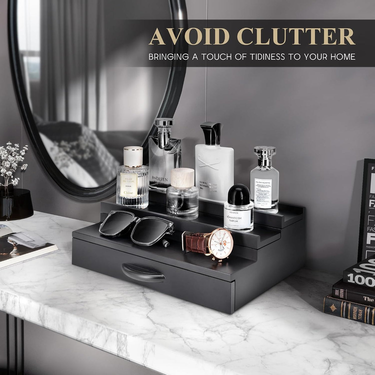 EOSAHR Wooden Cologne Organizer: Modern Cologne Holder for Men, Black