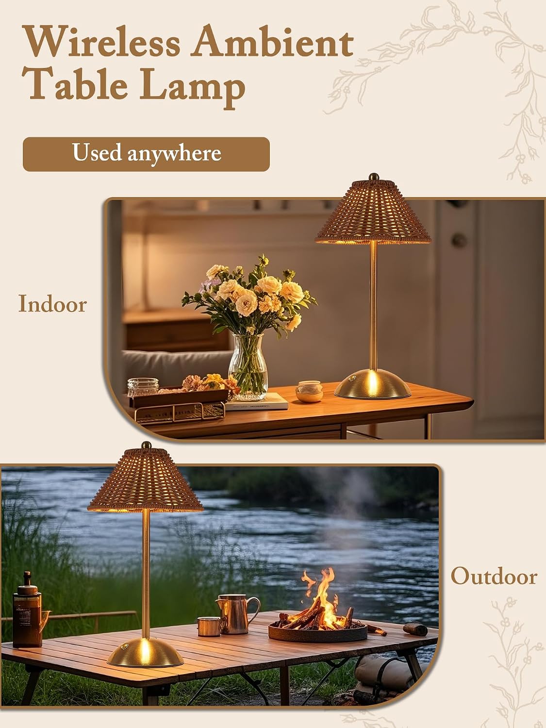 2 Pack Boho Woven Table Lamp, LED Rechargeable Night Light (Orange Brown)