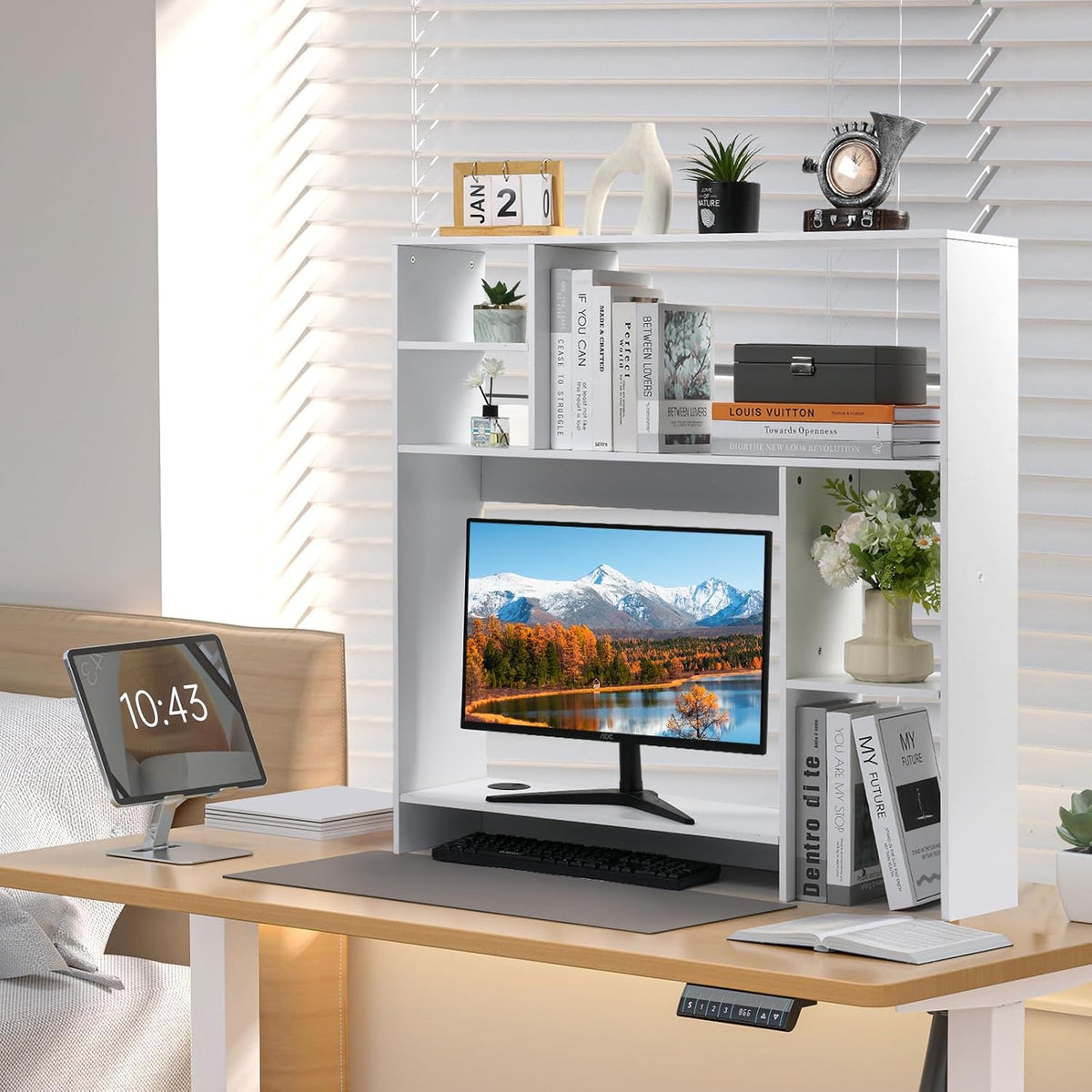 Modern Wooden Desktop Bookshelf Hutch, White Desk Organizer with 7 Shelves fo...