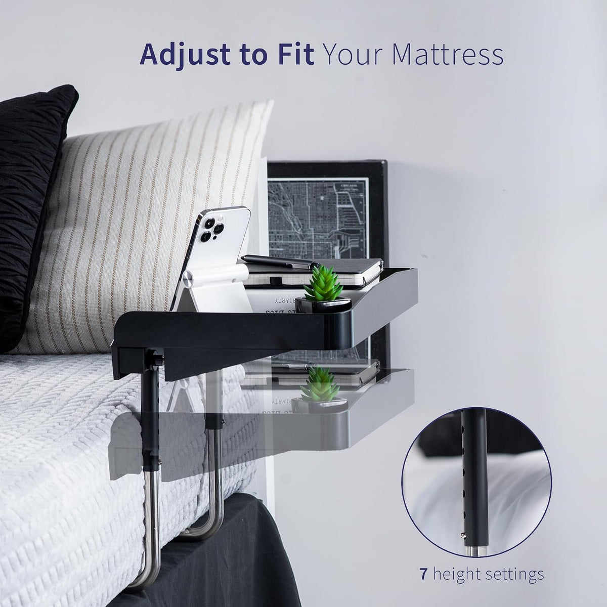 Height Adjustable Under Mattress 17 inch Bedside Shelf, Works with Lofts and ...