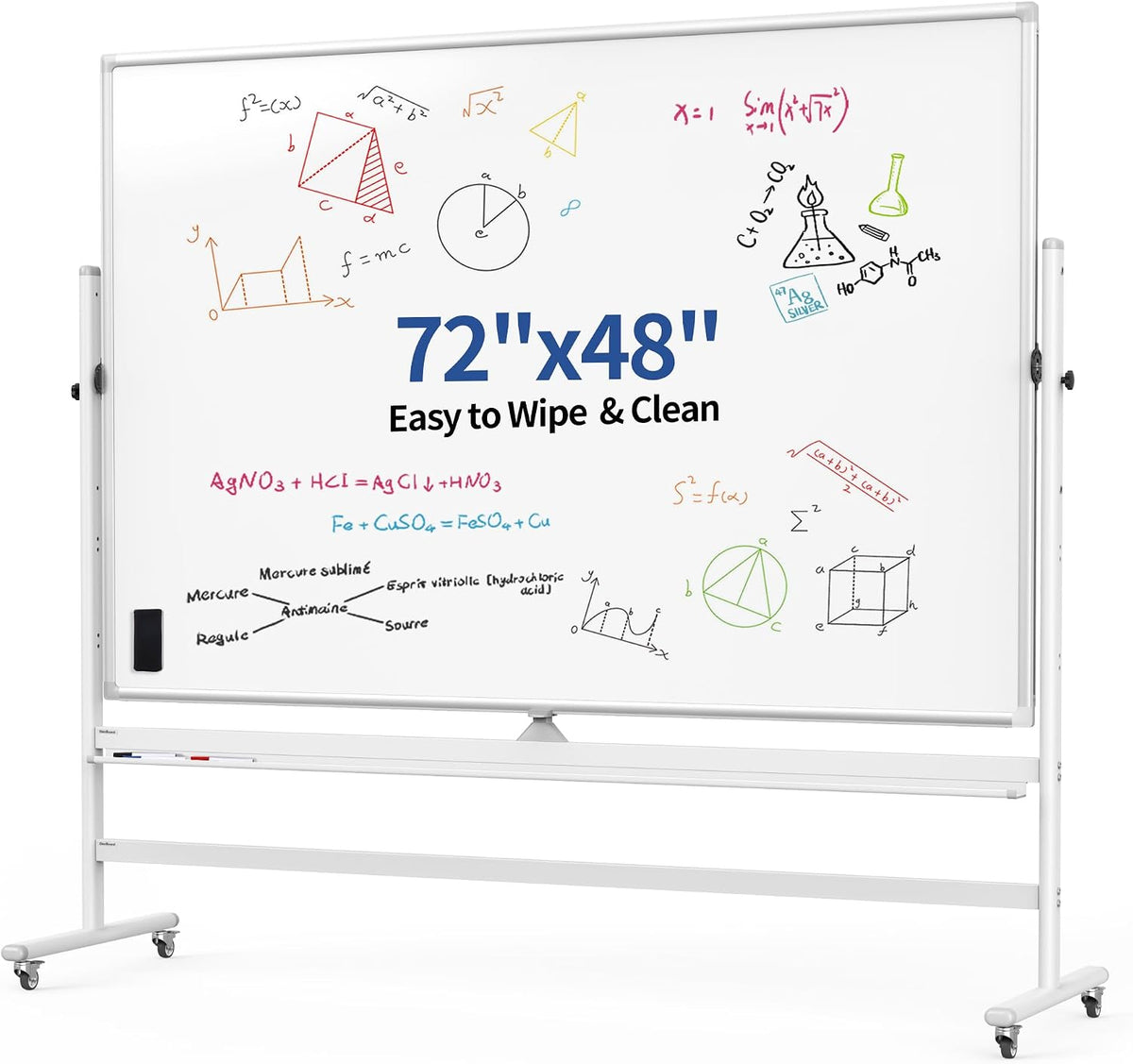 Double-Sided 72" x 48" Mobile Whiteboard Large Rolling Whiteboard D...