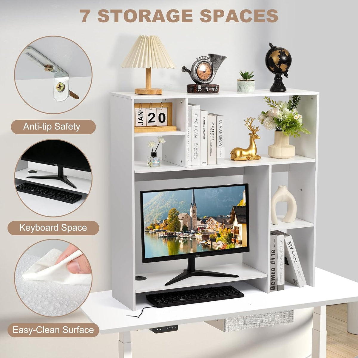 Modern Wooden Desktop Bookshelf Hutch, White Desk Organizer with 7 Shelves fo...