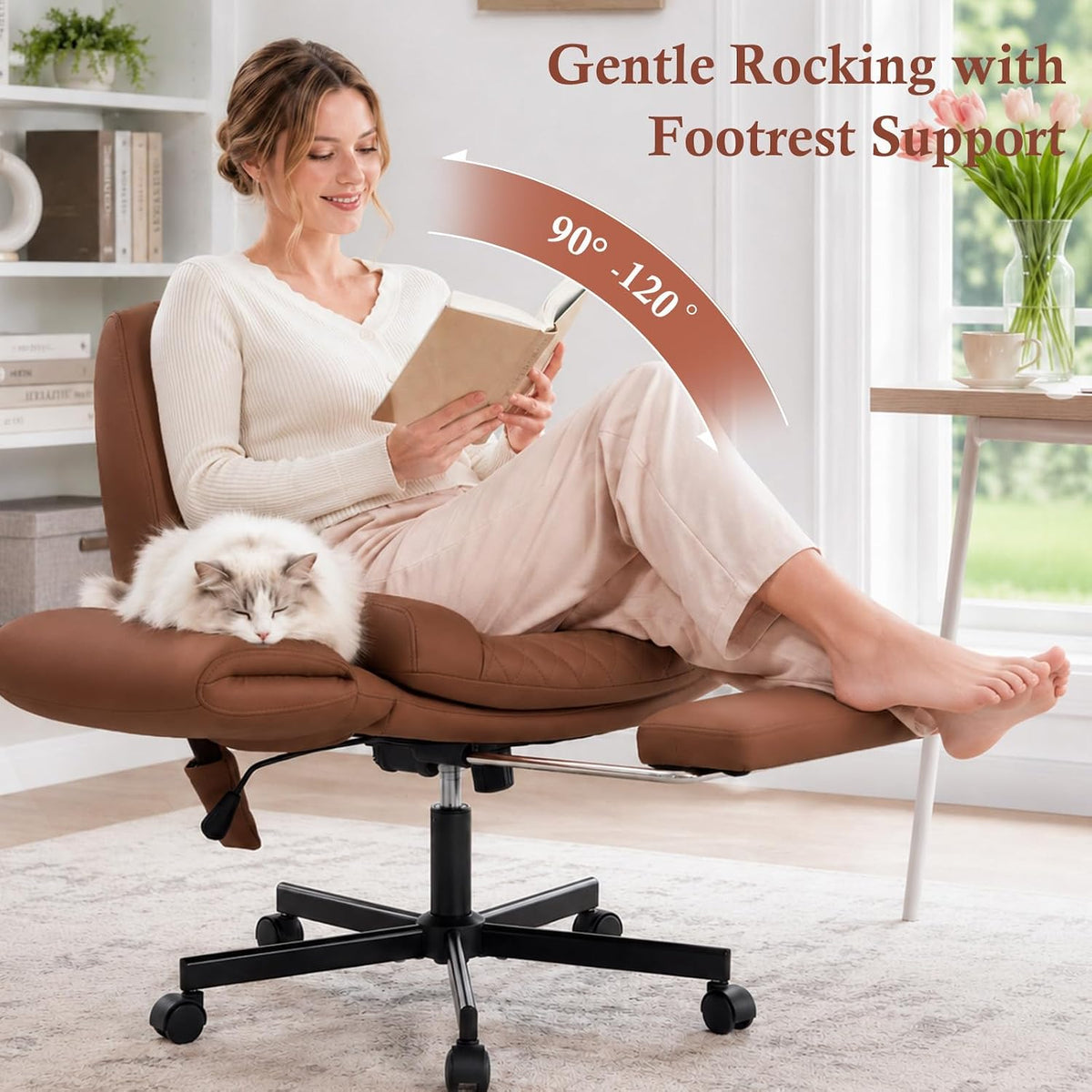 Criss Cross Office Chair with Footrest, Scratch-Resistant PU Leather, Brown