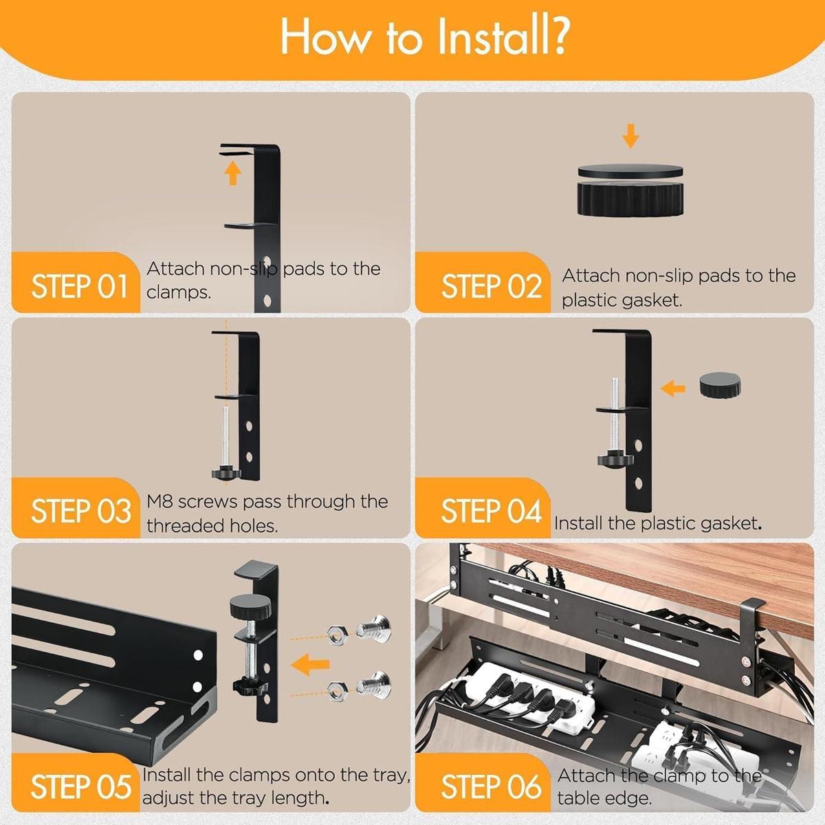 No Drill Under Desk Cable Management Tray, 17”-30” Retractable Cord Organizer...