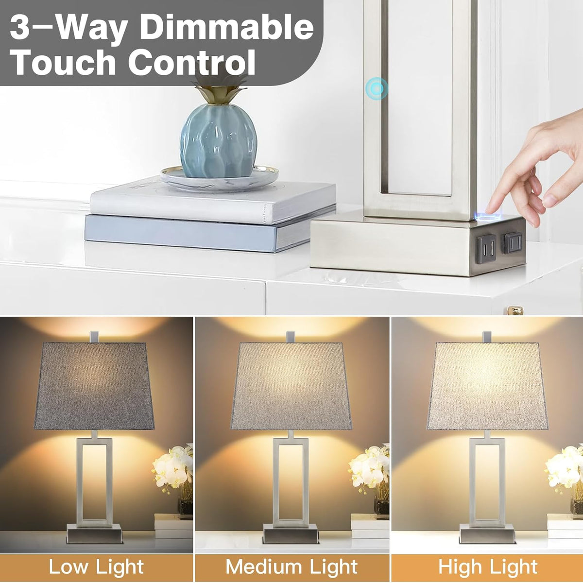 Rinweey 23.5" Touch Control Table Lamps Set of 2, Modern Silver Bedside ...