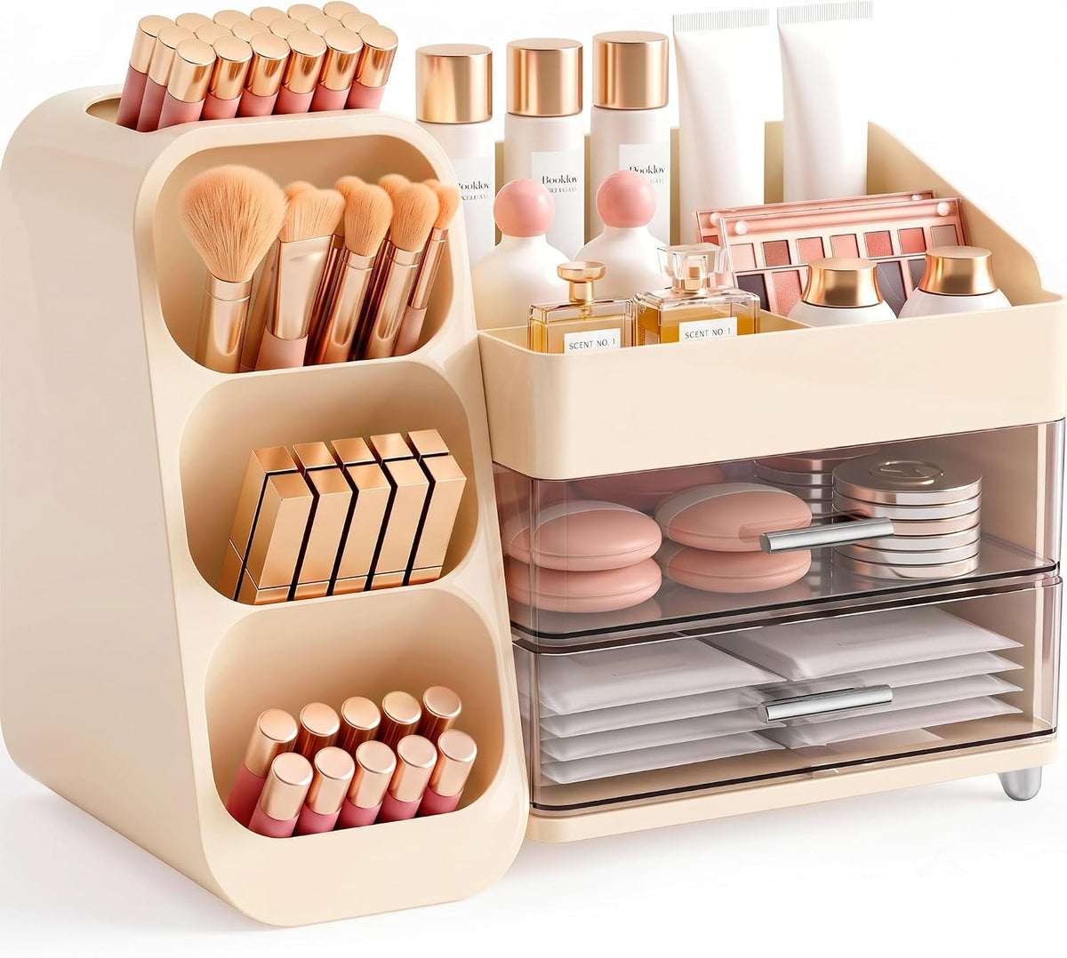 Booklov Large Makeup Organizer for Vanity Countertop, Cream