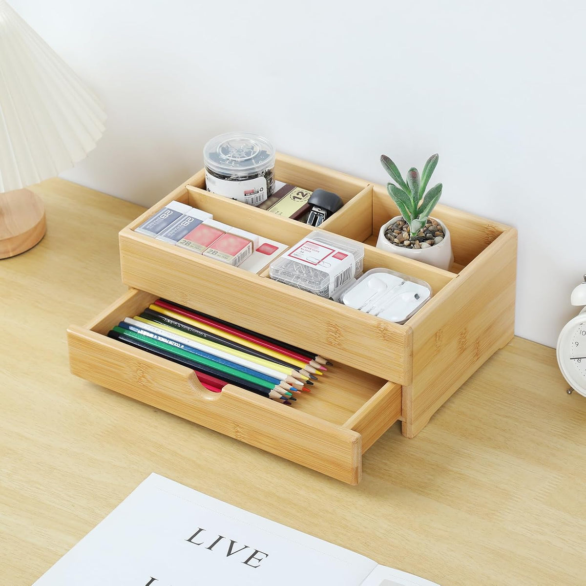 GOBAM Bamboo Makeup Organizer and Storage with Drawer, Wooden Cosmetic Organi...