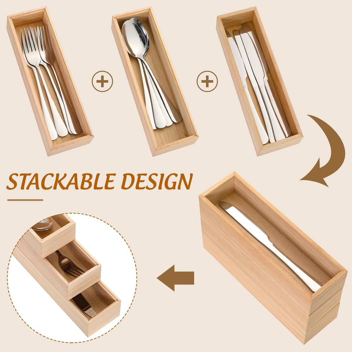Baderke 3 Pcs Wooden Utensil Holder with Silverware Set Bamboo Storage Box