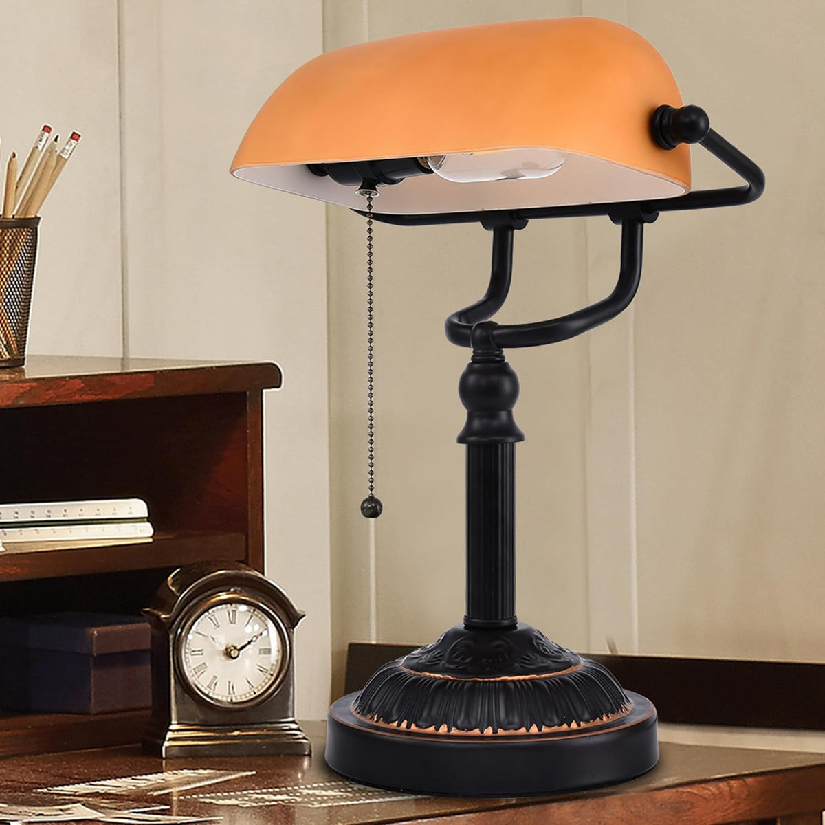 Bankers Desk Lamp with USB-A Port, Rustic Desk Lamp Pull Chain with Yellow Gl...