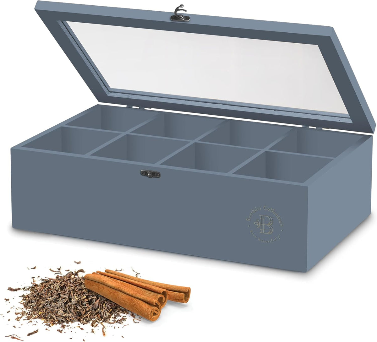 Tea Bag Organizer with Drawer - Gray Bamboo Tea Box Organizer, 8-Compartment ...
