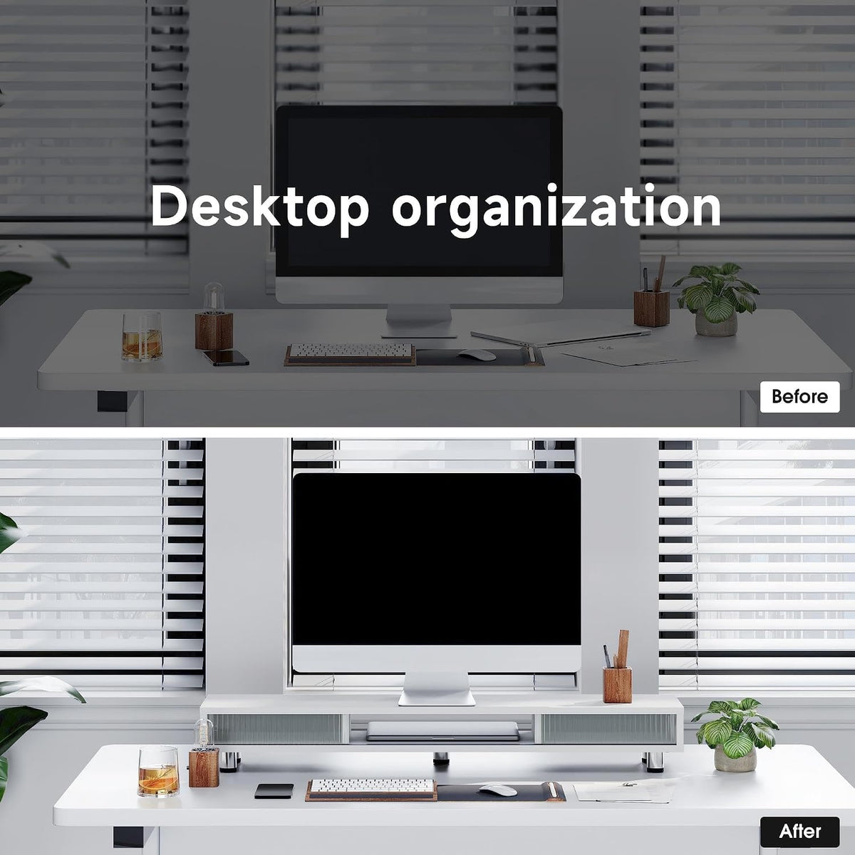 Fenge Dual Monitor Stand with Storage, Desk Shelf with Glass Sliding Door