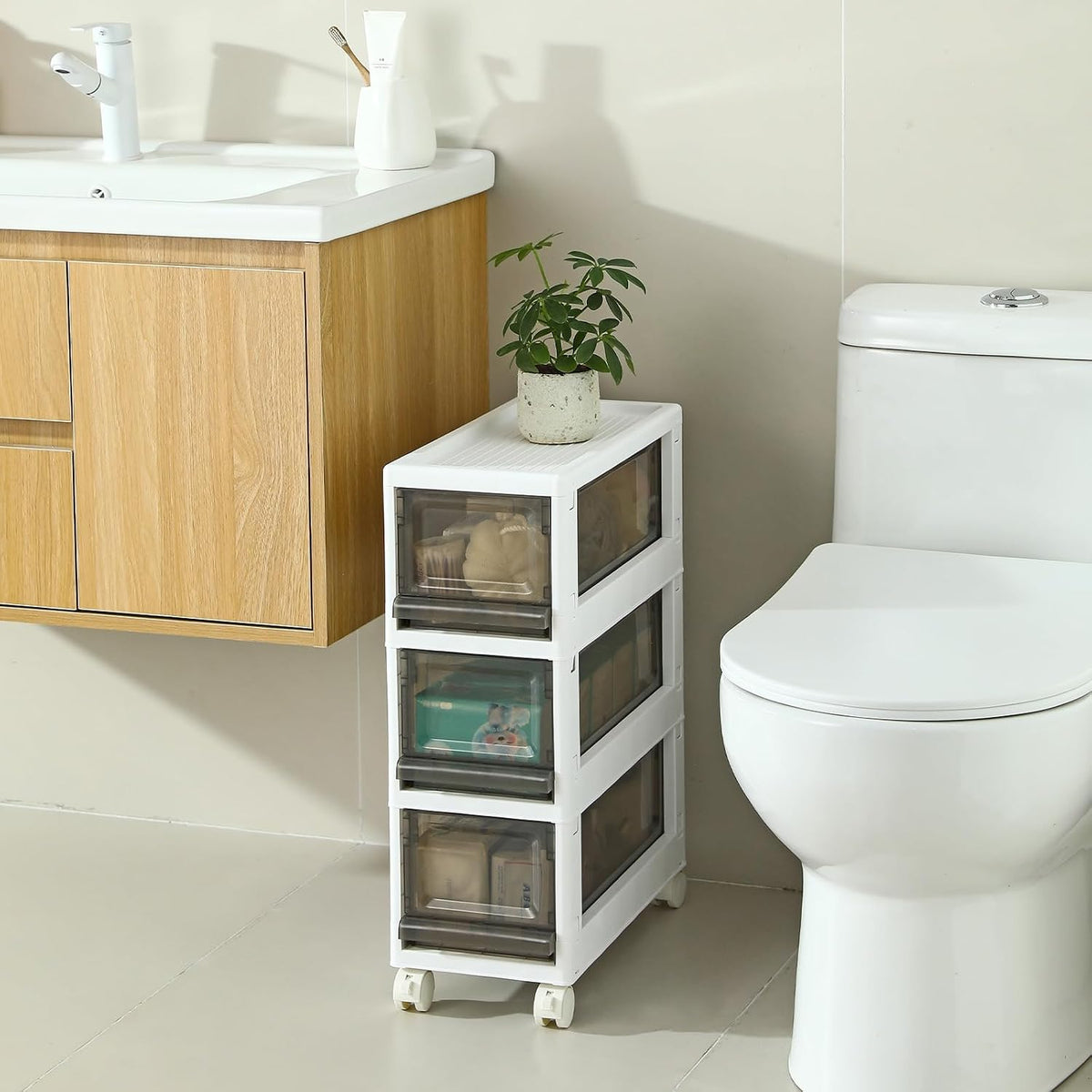 Plastic 3 Drawer Storage Organizer, Narrow Plastic Storage Drawers with Wheel...
