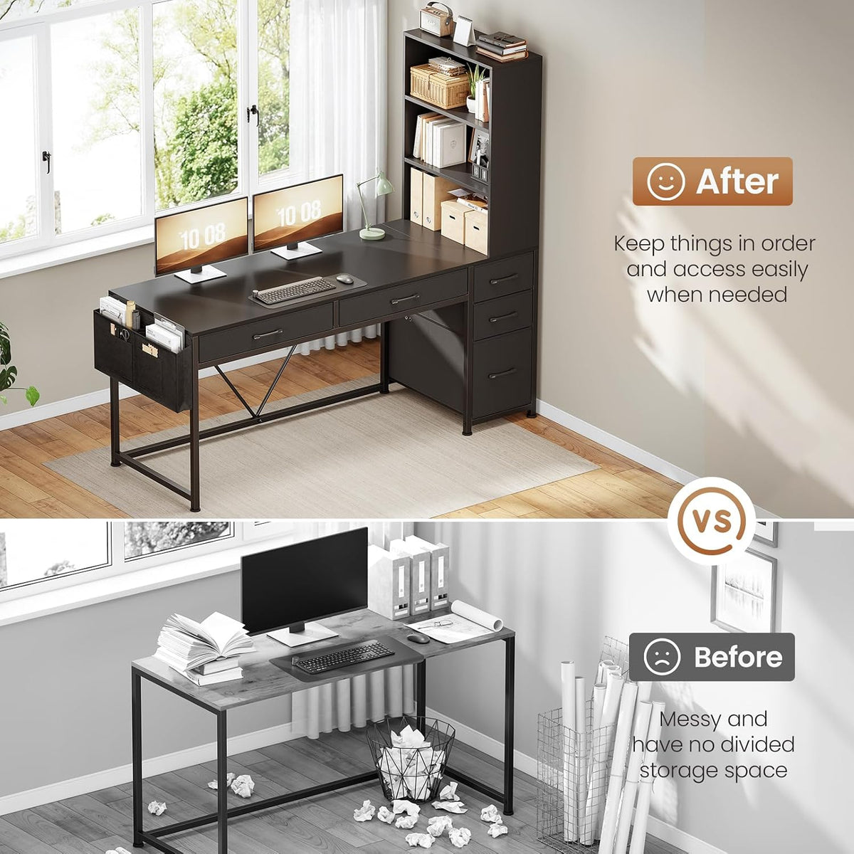 SEDETA Computer Gaming Desk with 5 Drawers and Bookshelf, Reversible Home Off...