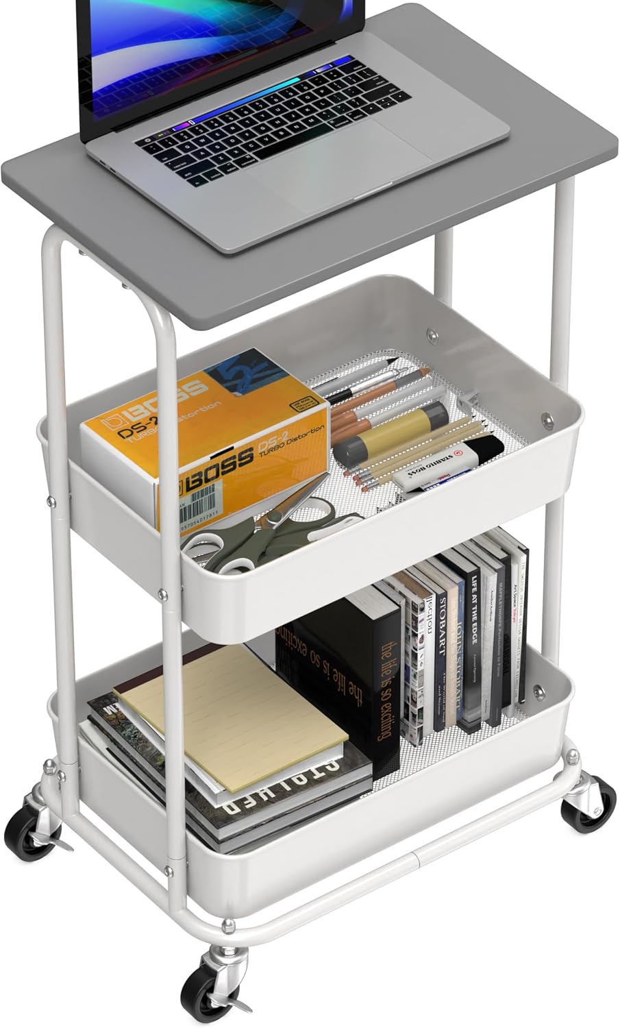 Simple Houseware 2-Tier Rolling Utility Cart Wood Top/Lockable Wheel, Gray