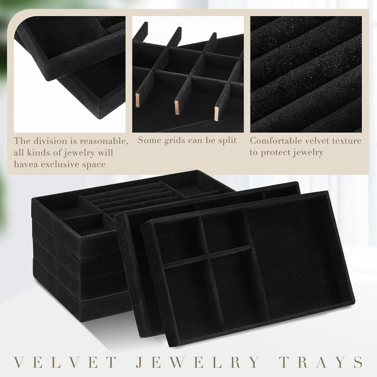 Junkin 18 Pcs Stackable Jewelry Drawer Organizer Inserts Black