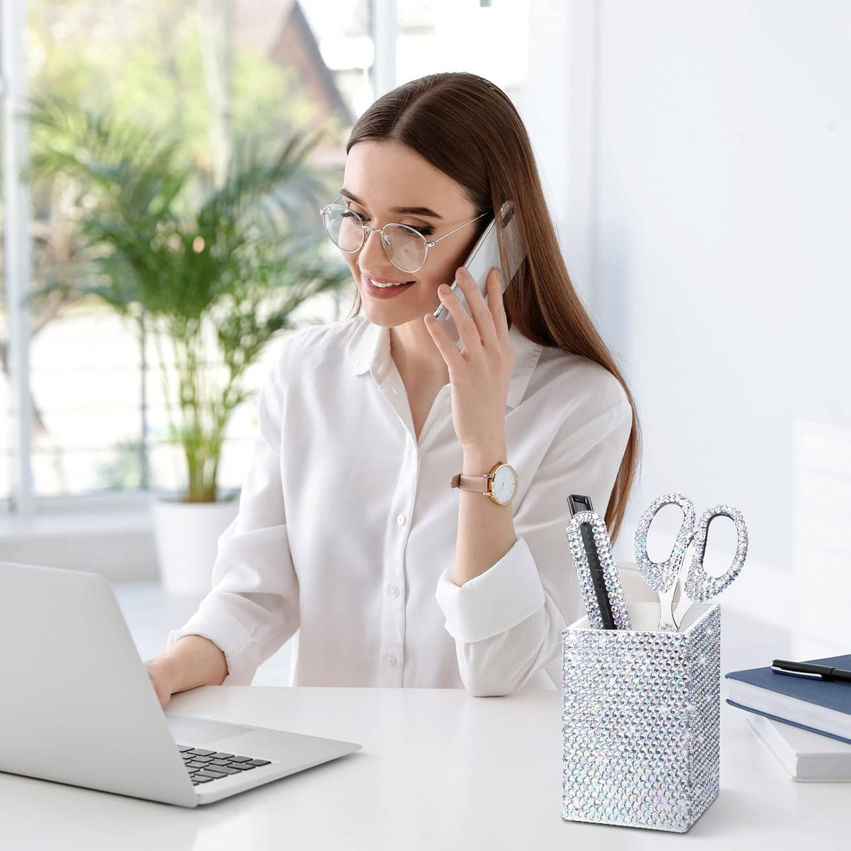 Demissle White 7 Pcs Bling Desk Accessories Set Office Kit for Women
