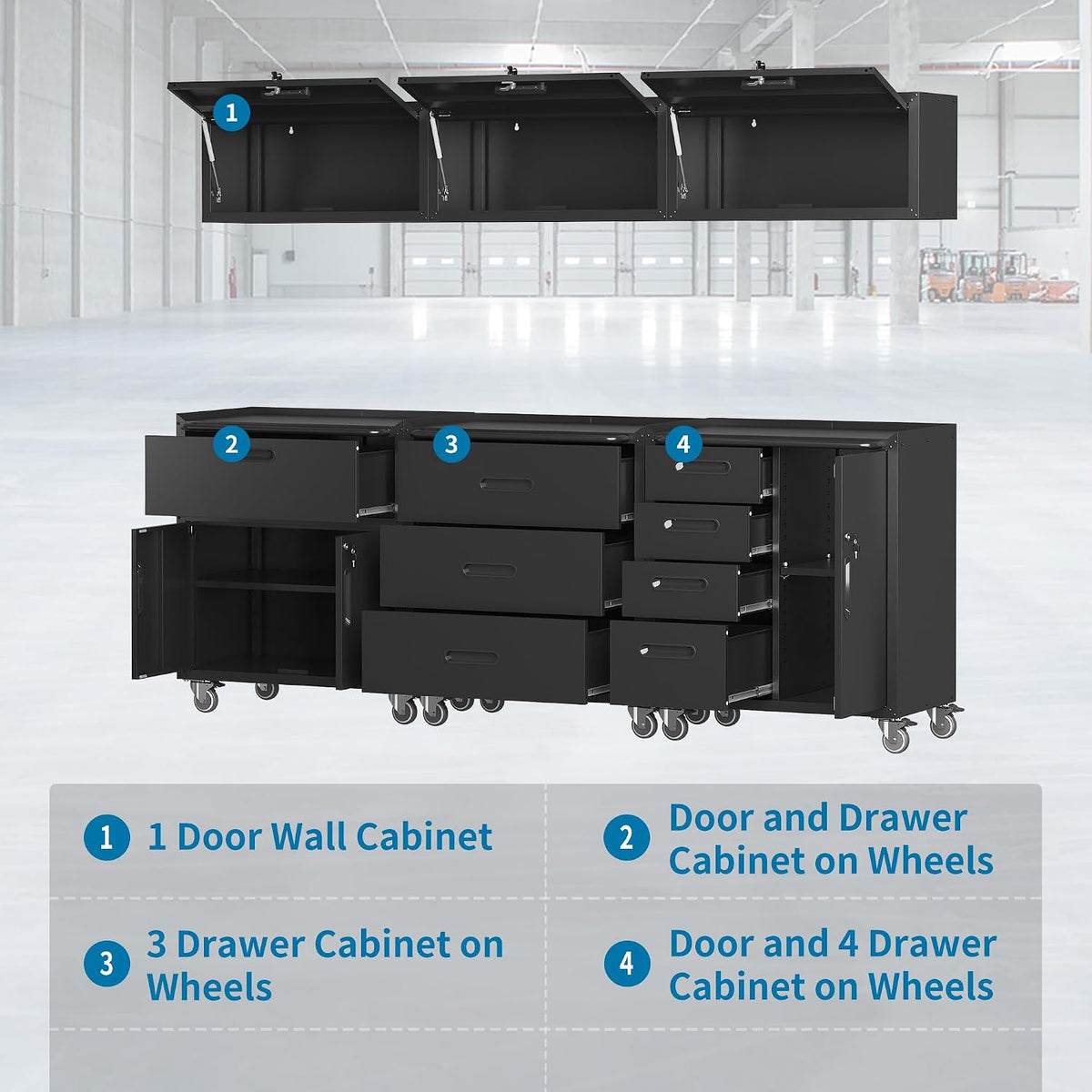Black Garage Storage Cabinets System 6 PCS Workshop Set with Drawers Locking ...