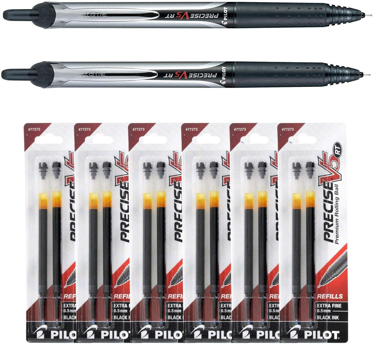 Pilot Precise V5 Rt, 2 Pens 26062 with 6 Packs of Refills, Black Ink, 0.5mm X...
