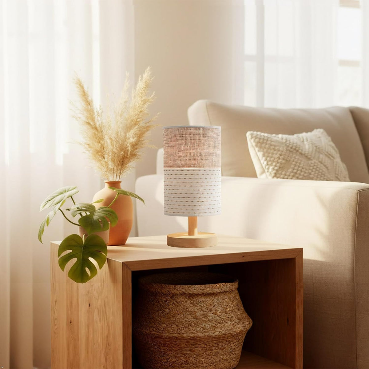 AFORTLO Table Desk Lamp, Small Fabric Boho Decorative Nightstand Night Light ...