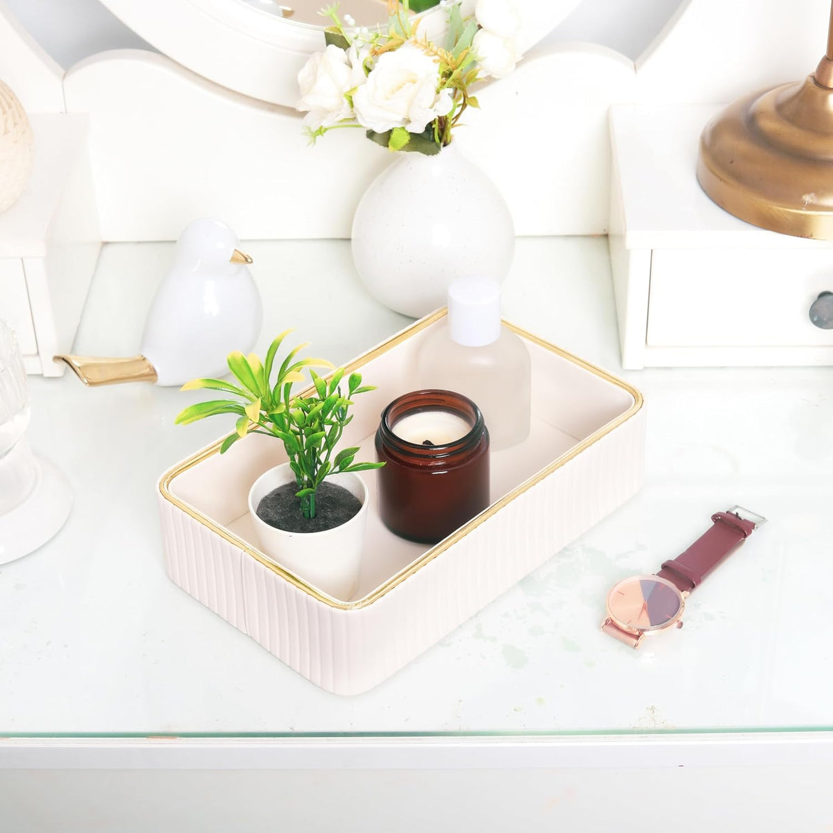 Vanity Tray for Women, Leather Rectangular Decorative Tray, Non-Slip Catch Al...
