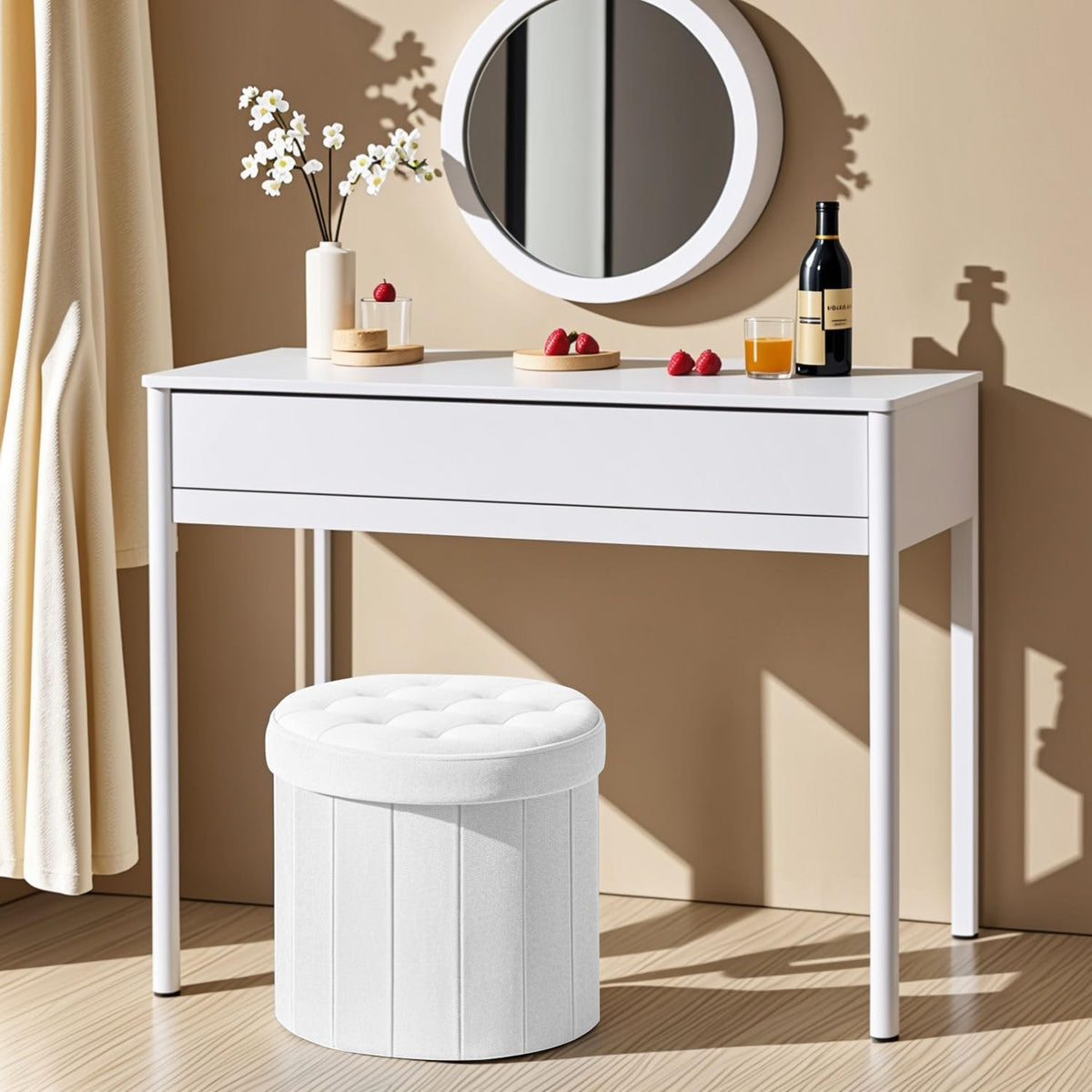Bsketa Round Storage Ottoman, 14" Folding Velvet Foot Stool Rest,White