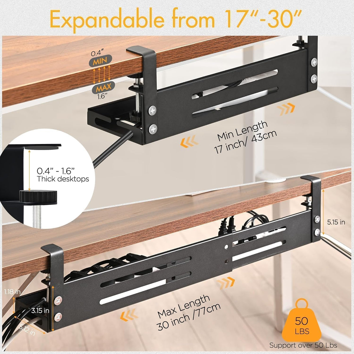 No Drill Under Desk Cable Management Tray, 17”-30” Retractable Cord Organizer...