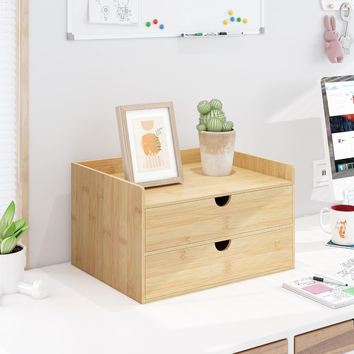 Bamboo Desk Drawer Organizer, Large Desktop Organizer with Drawers Tabletop S...