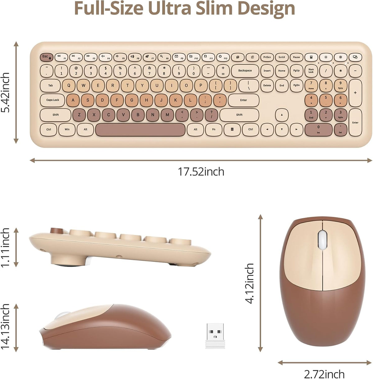 surmen Quiet Brown Keyboard and Mouse Wireless,Cute Neutral Keyboard,Coffee