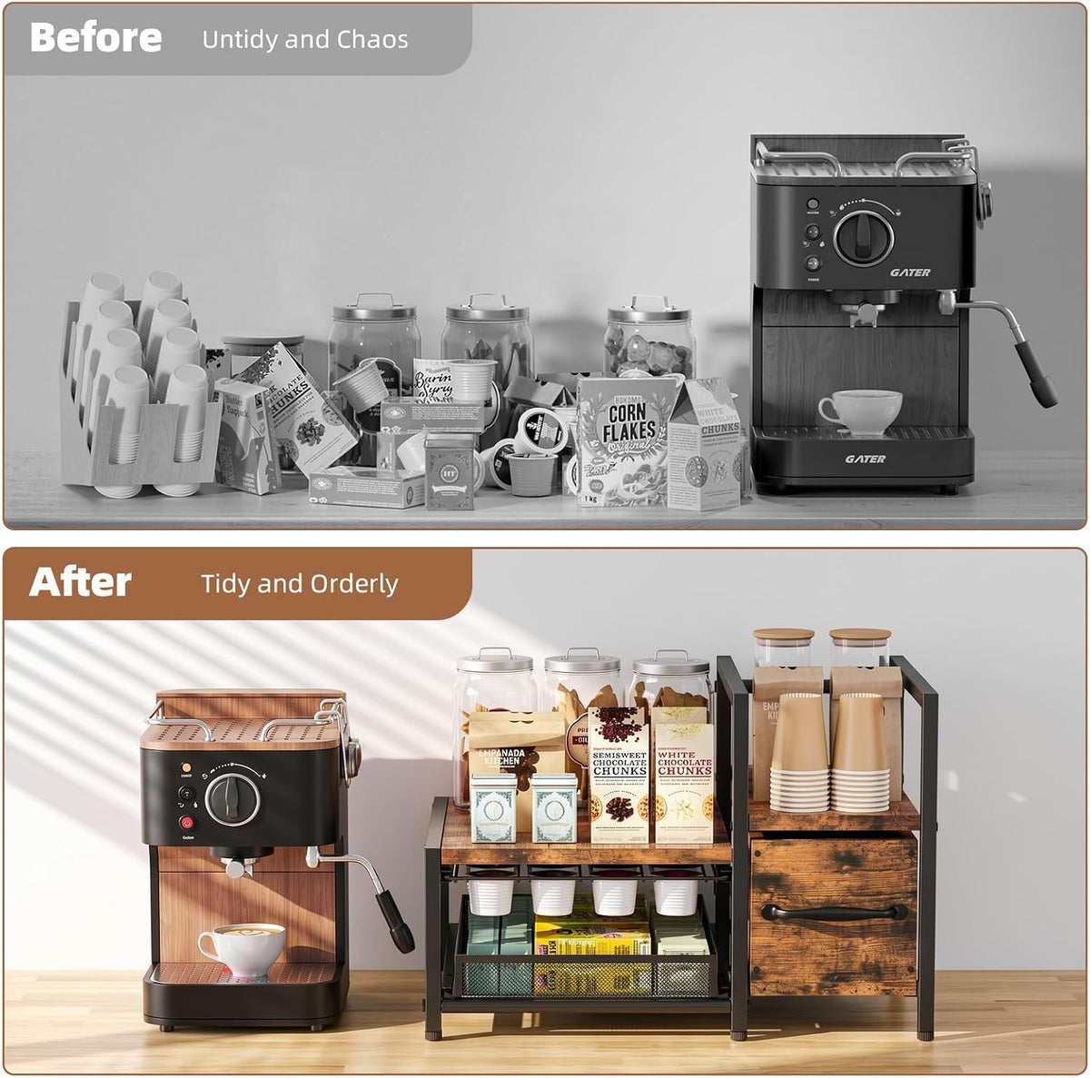 Coffee Bar Organizer For Countertop, with Sliding Storage Drawer