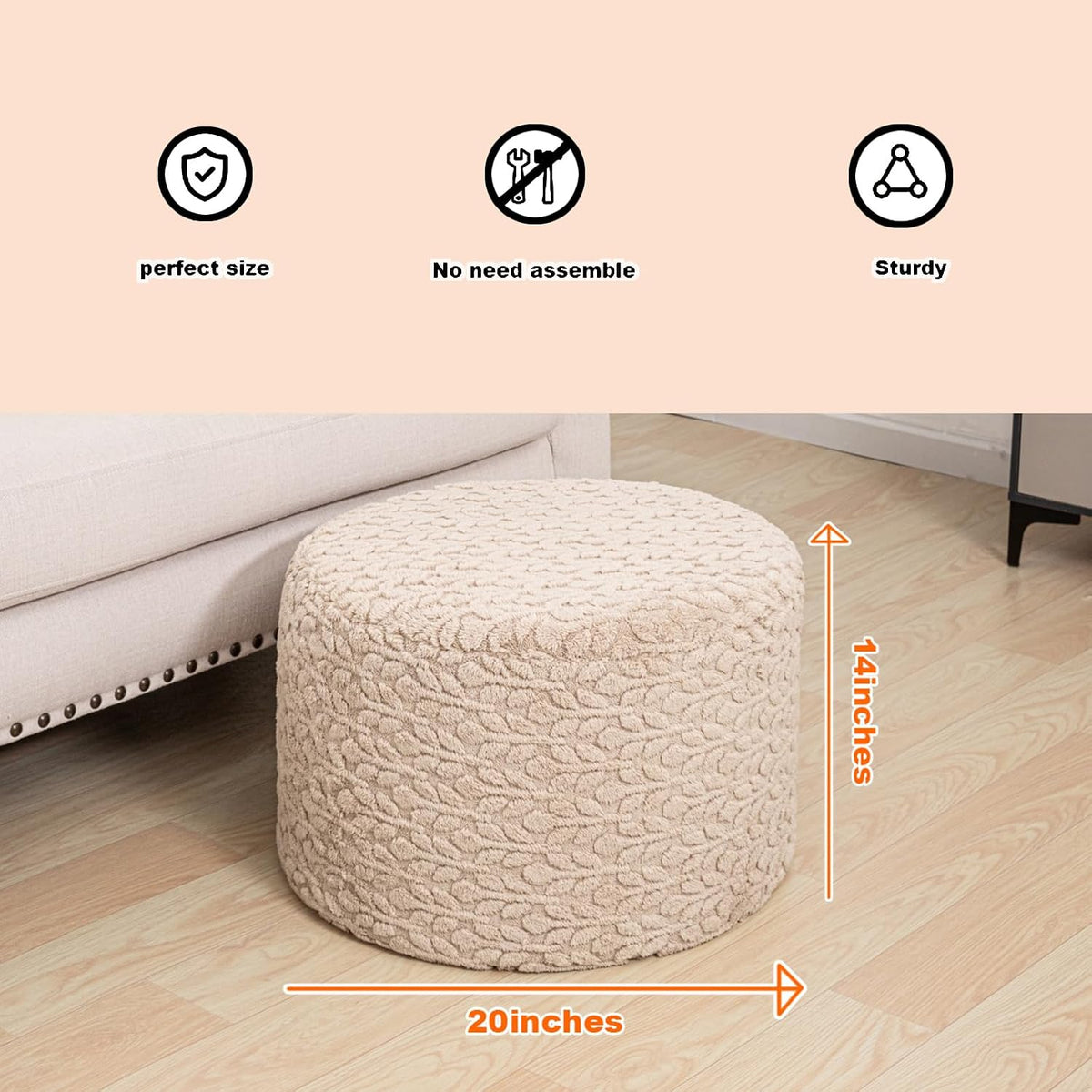 Poofieotto Pouf Ottoman Footstool 20x20x14In Couch Footrest Light Coffee
