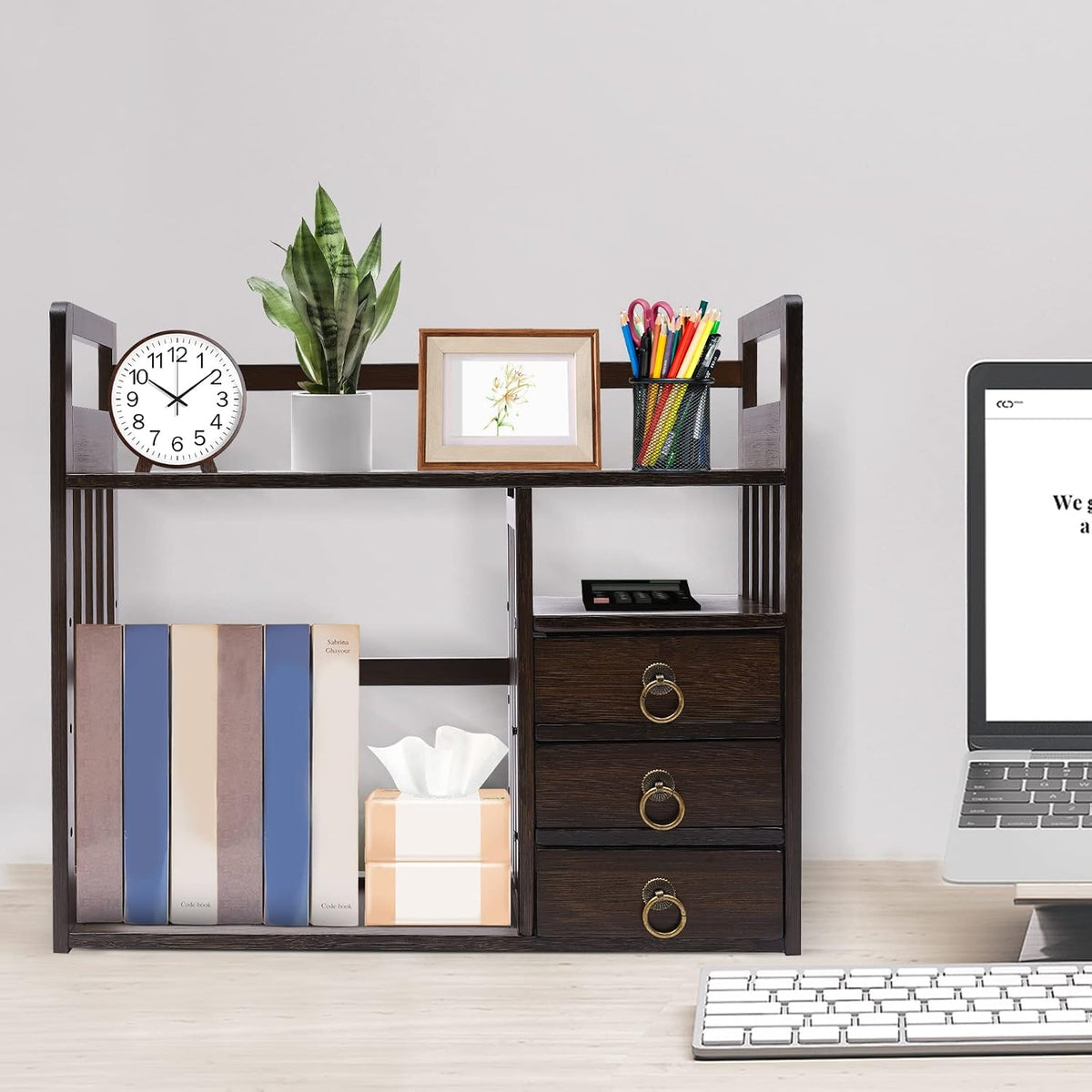 Bamboo Desk Book Shelf,Desktop Bookshelf Storage Rack Tabletop Standing Organ...