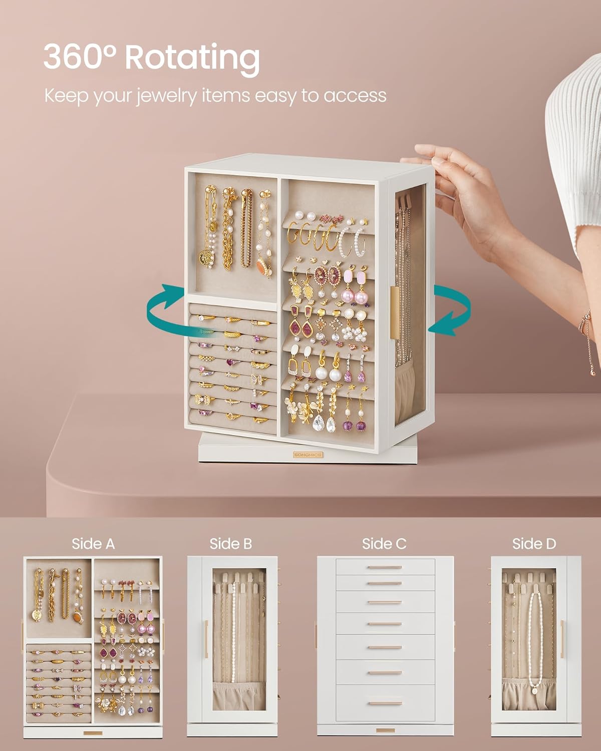 SONGMICS Jewelry Box Organizer, 360° Rotating, 7 Drawers, Cloud White