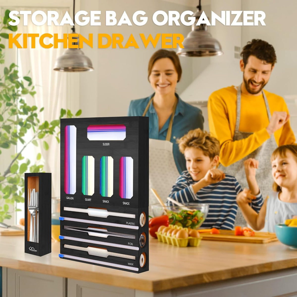 9 in 1 Foil and Plastic Wrap Dispenser with Cutter, Black Bamboo Ziplock Bag ...