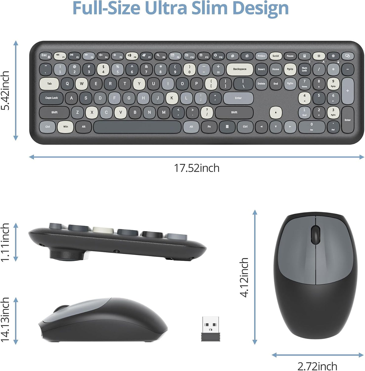 Surmen Colorful Black Quiet Keyboard and Mouse Wireless, Full-Size Girly Slie...