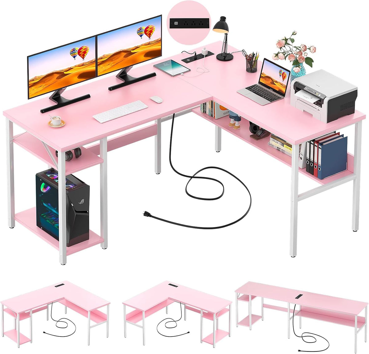 Unikito Reversible L Shaped Desk with Magic Power Outlets and USB Charging Po...