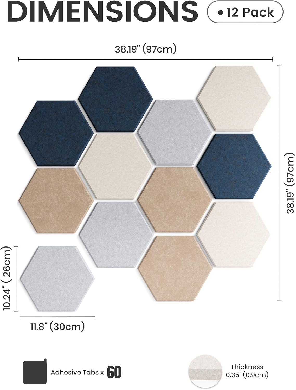 Fluxynara 12-Pack Hexagon Felt Bulletin Board Tiles, Nordic Slate-1