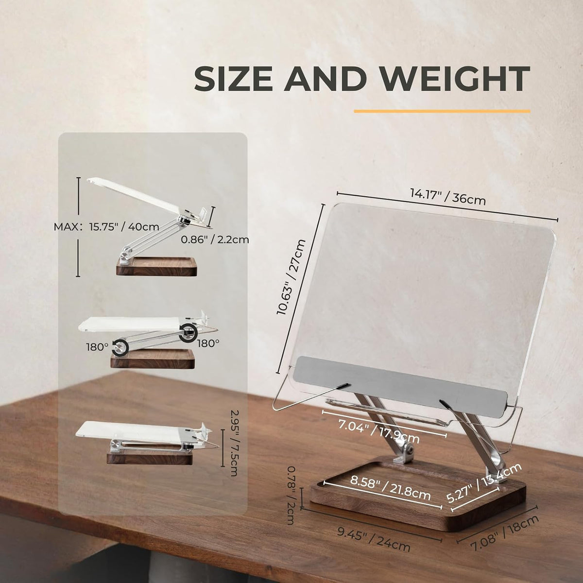 muso wood Acrylic Book Stand with Walnut Storage & Elastic Clips