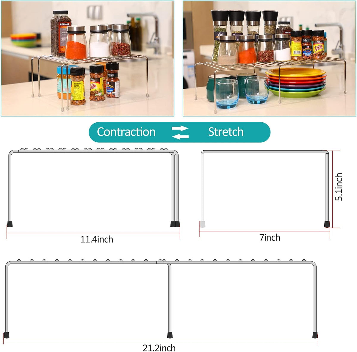 Expandable Cabinet Shelf Rack, Stainless Steel Adjustable Kitchen Countertop ...