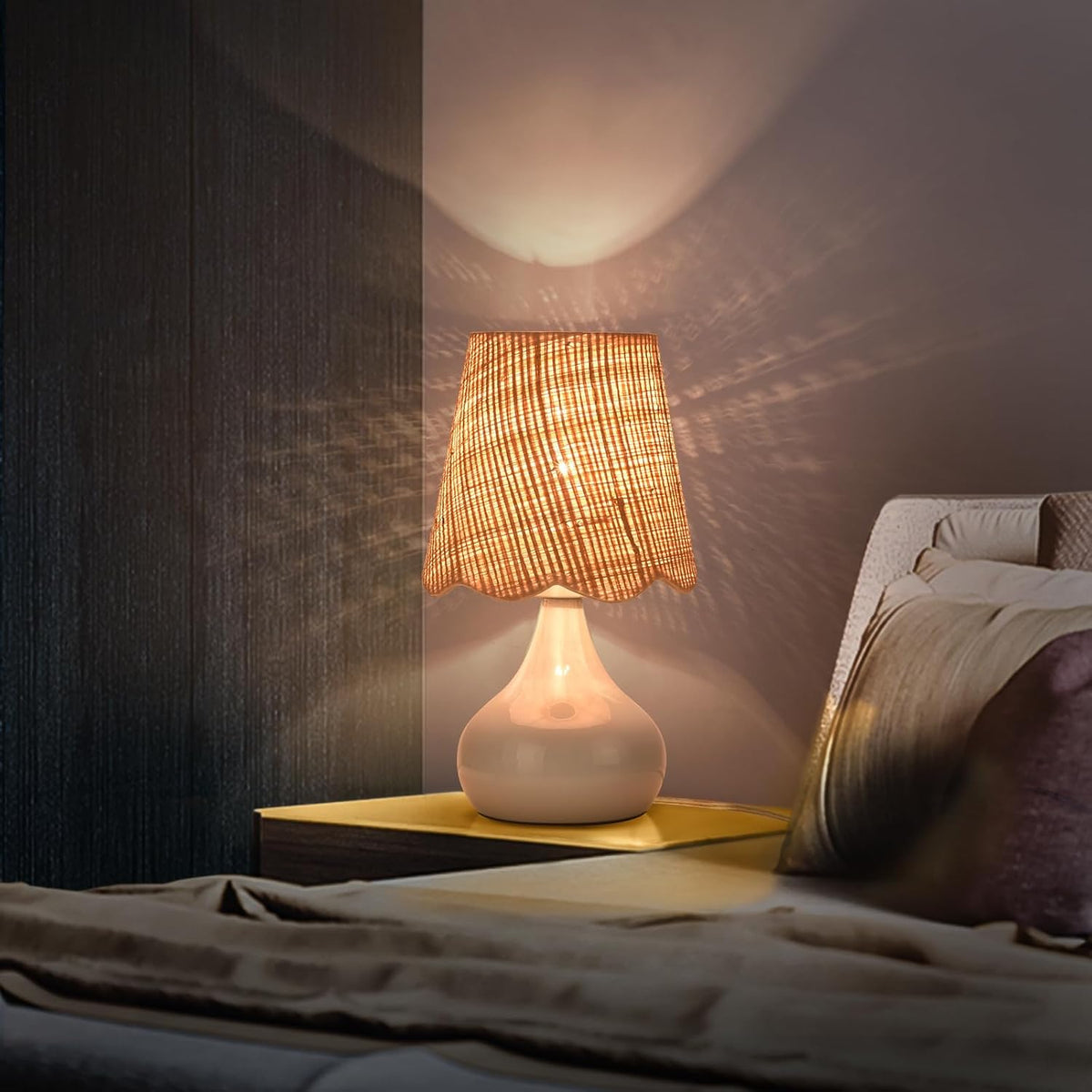 Light Blue Boho Small Table Lamp for Small Spaces, Small Rattan Shade Bedside...