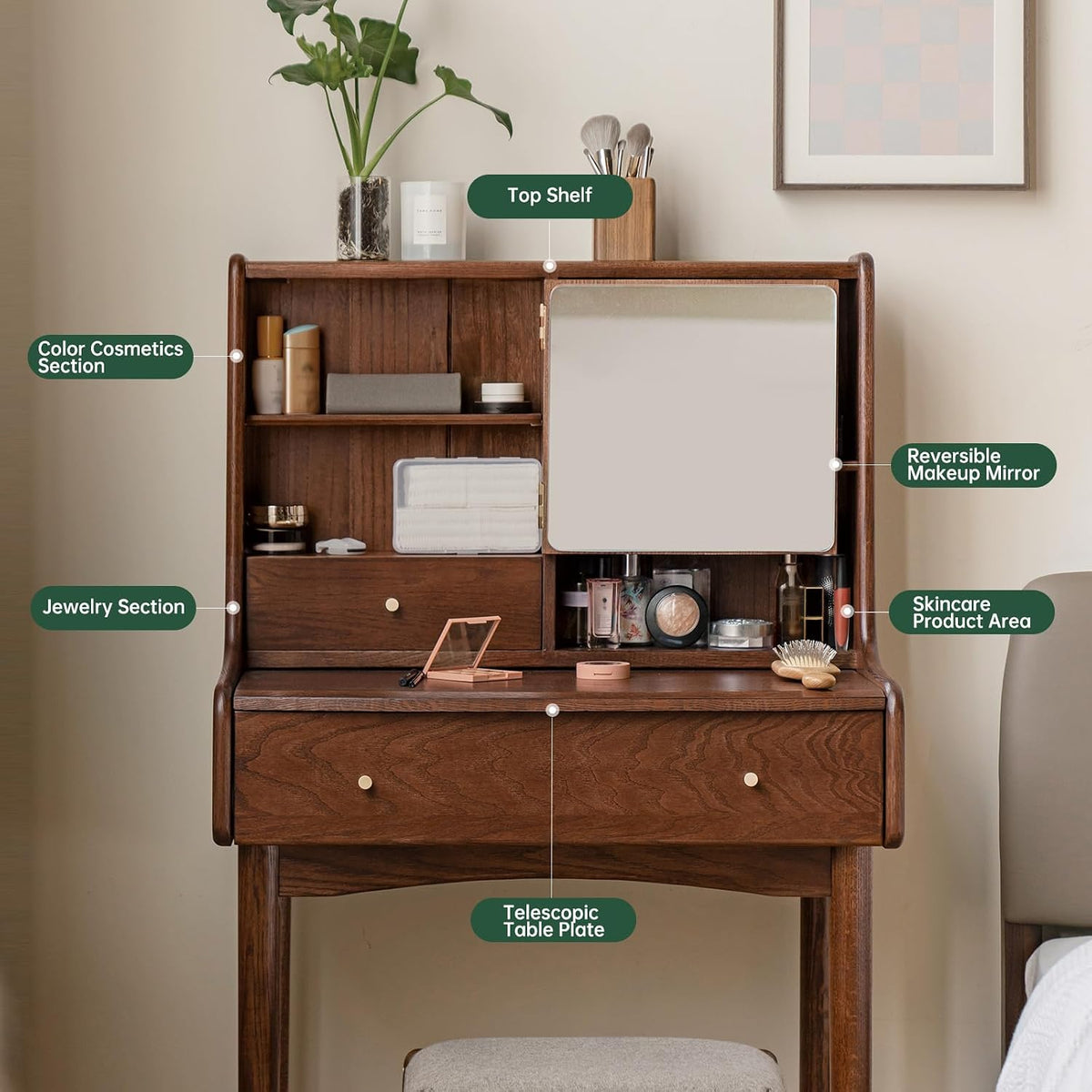 Small Vanity Desk with Mirror, Solid Wood Dressing Table, Movable Drawer Divi...