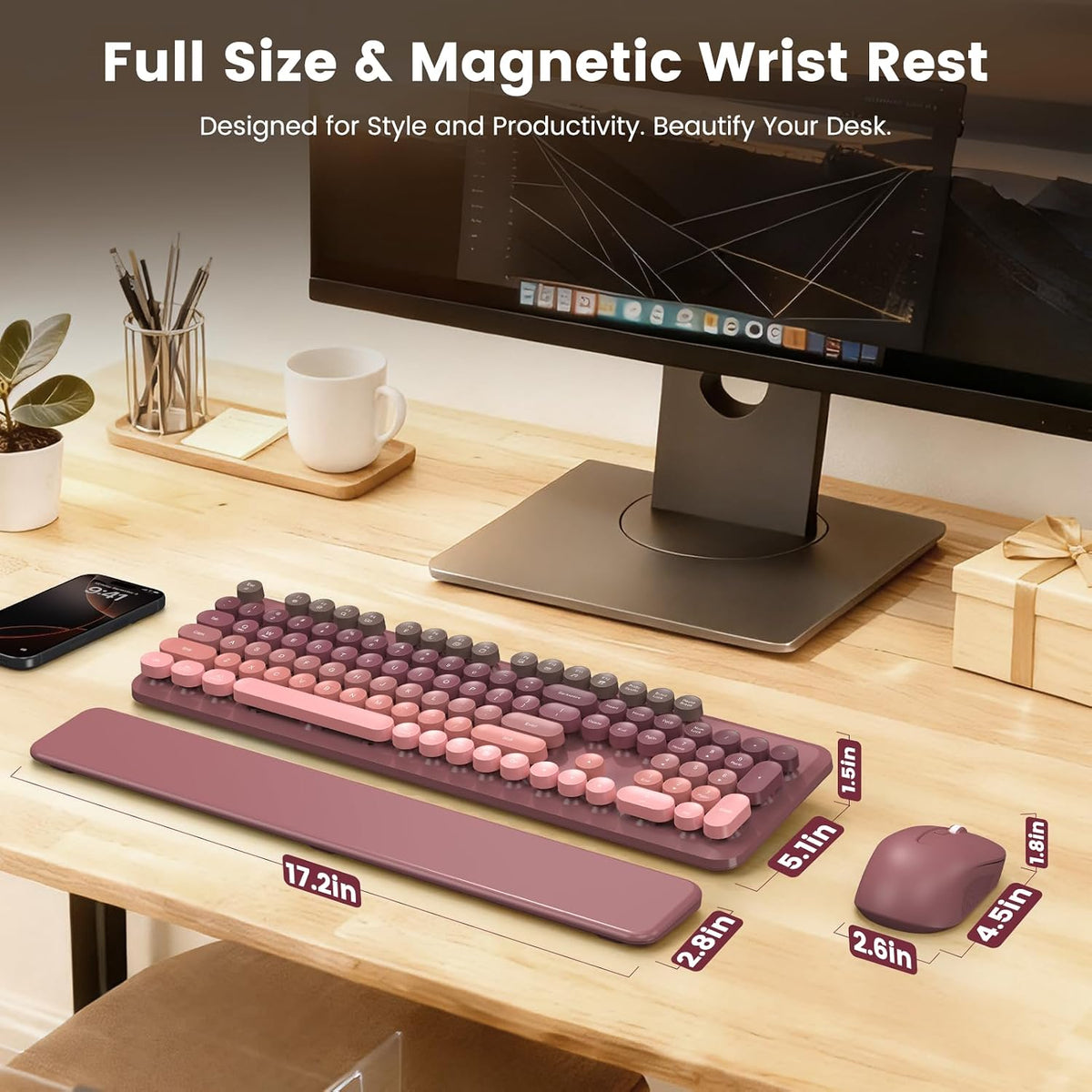 Wireless Keyboard and Mouse Combo, Cute Retro Typewriter Keyboard with Round ...
