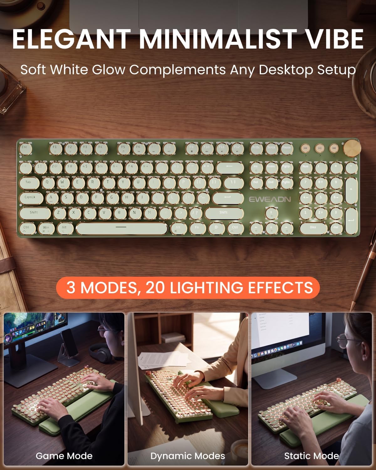 Wireless Keyboard and Mouse Combo, Dual Wrist Rest, Tri-Mode Typewriter